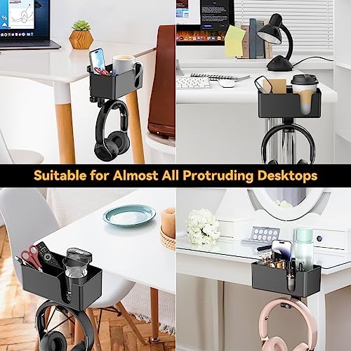 KDD 4 in 1 Desk Cup Holder - Clamp on Under Desk Headphone Hanger - Rotating Headphone Holder Detachable Pen Cup Holder Desktop Storage for Cup, Phone and Pen(Black)